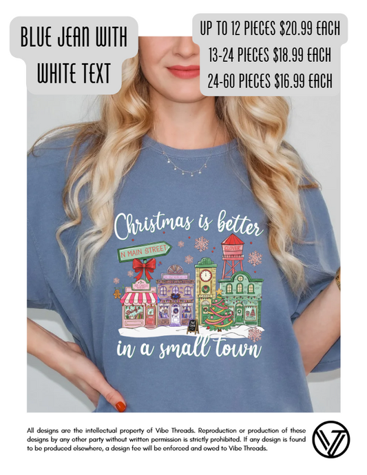 Small Town Christmas Tee - Blue Jean w/ White Text