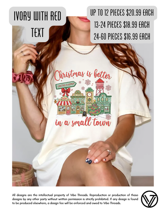 Small Town Christmas Tee - Ivory w/ Red Text