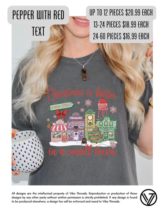Small Town Christmas Tee - Pepper w/ Red Text