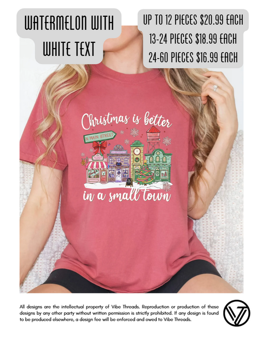 Small Town Christmas Tee - Watermelon w/ White Text